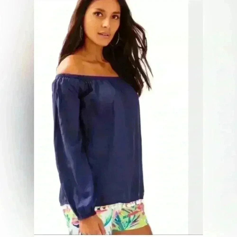 Lilly Pulitzer Womens Enna Off Shoulder Navy Blue Blouse Size XXS